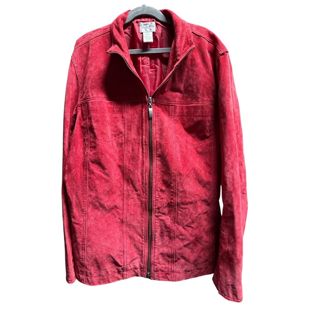 Chico's Red 100% Leather Auth Suede Jacket Zip Front Size 1 Retro Glam Classic